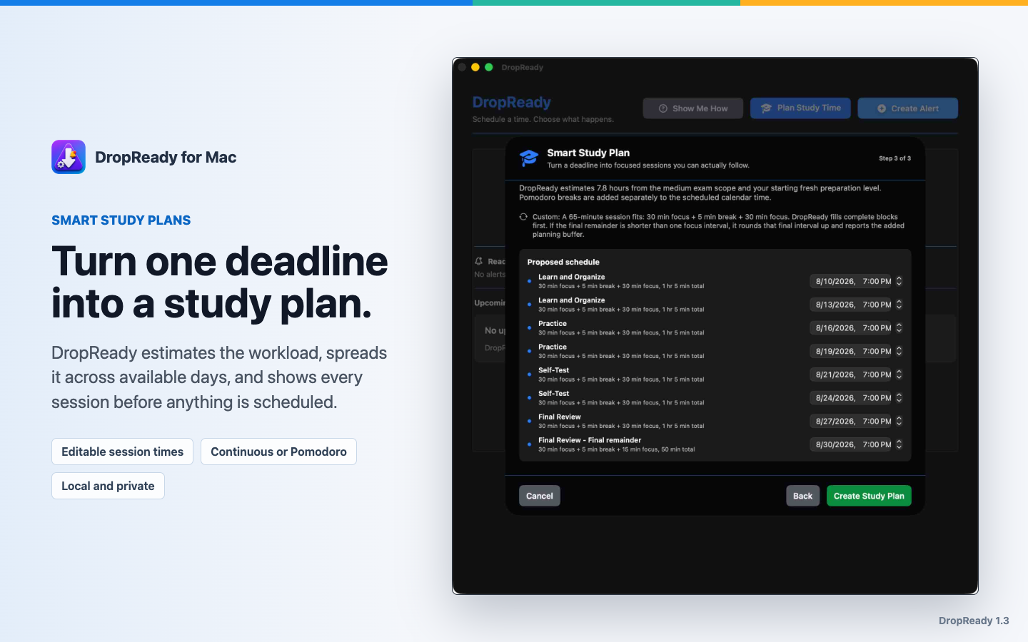 DropReady turning a Calculus Final deadline into an editable study schedule