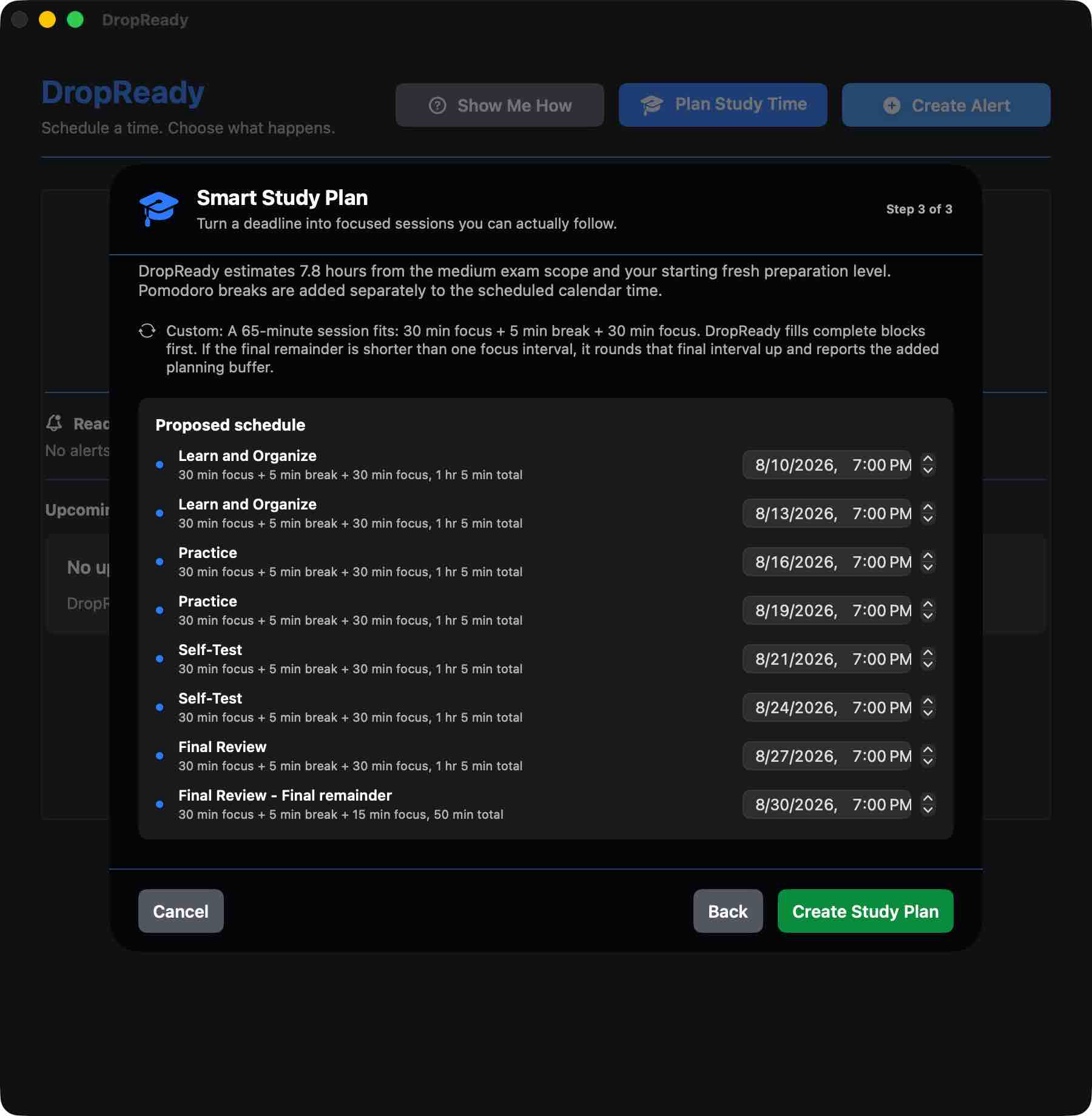 DropReady previewing an editable Calculus Final study schedule